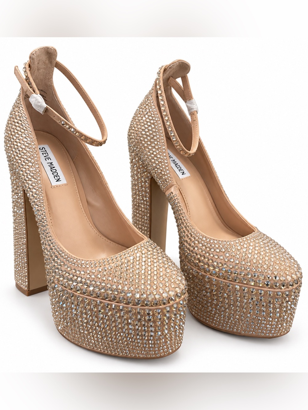 Steve Madden Champagne Crystal Embellished Platform Pumps with Ankle Strap